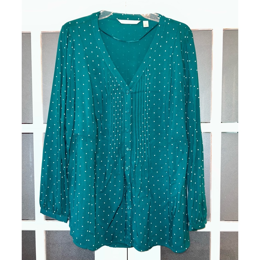 ✨EUC✨ LAUREN CONRAD LONG SLEEVE DARK TEAL BLOUSE WITH WHITE POLKA DOTS 🦚